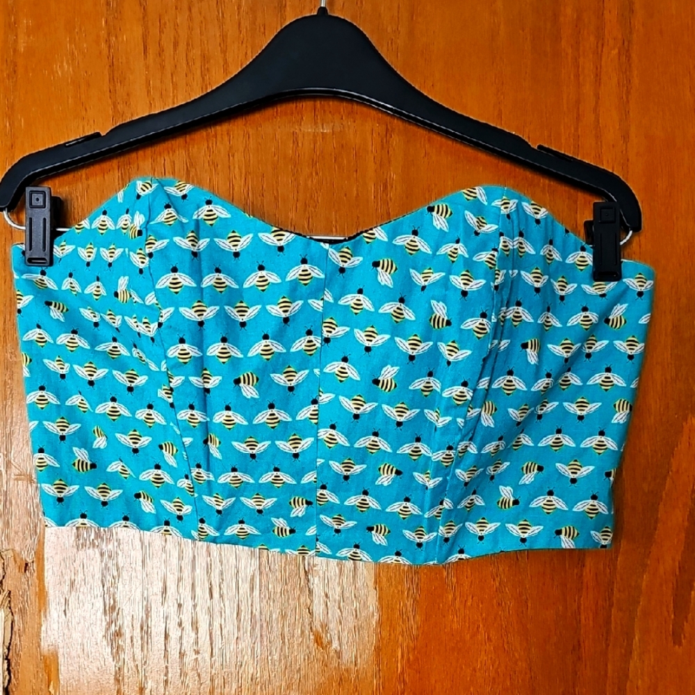 Burnie Dexter Blue Bee Print Strapless Top Size Large